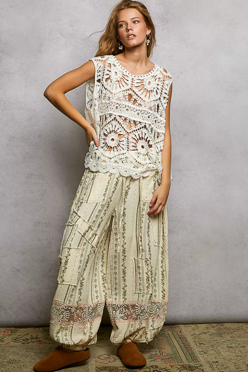 POL Openwork Round Neck Floral Crochet Tank