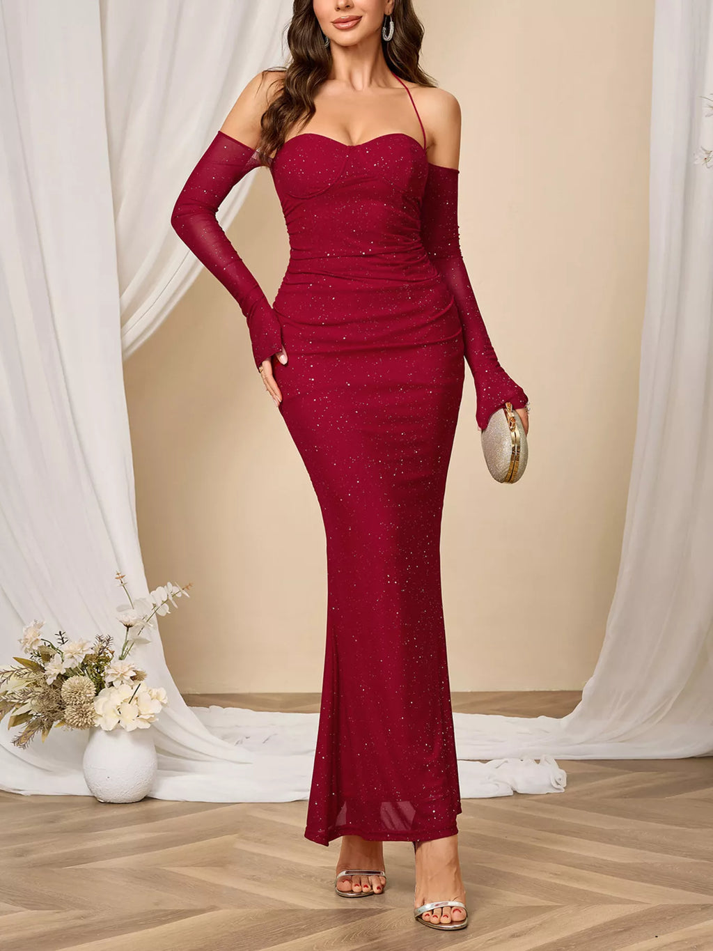 Glitter Sweetheart Neck Long Sleeve Maxi Dress