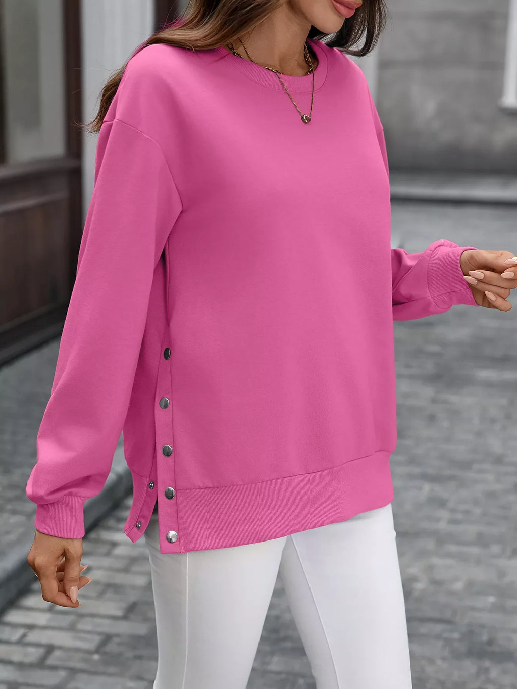 Side Snap Round Neck Sweatshirt