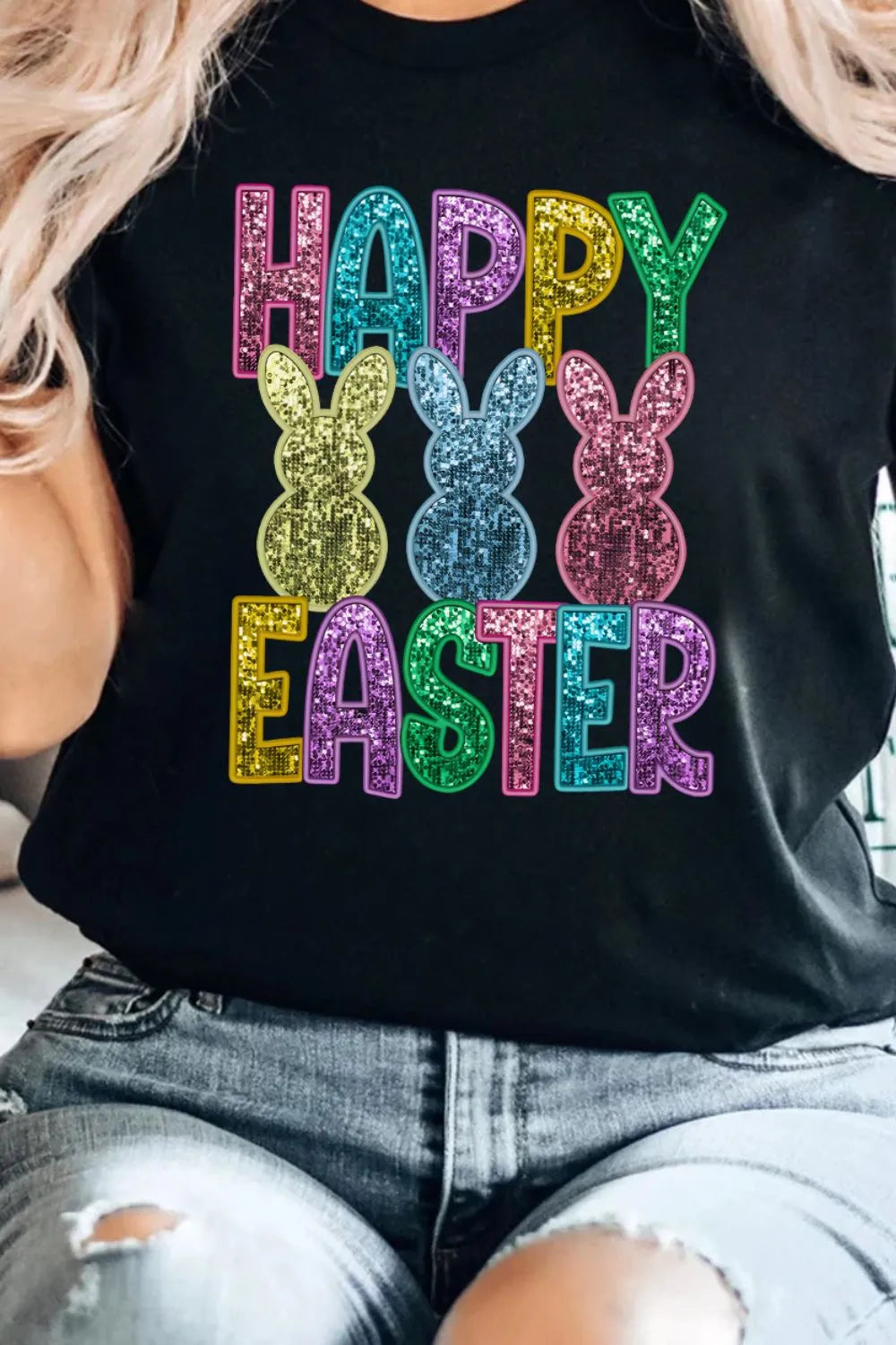 HAPPY EASTER Sequin Bunny Round Neck T-Shirt