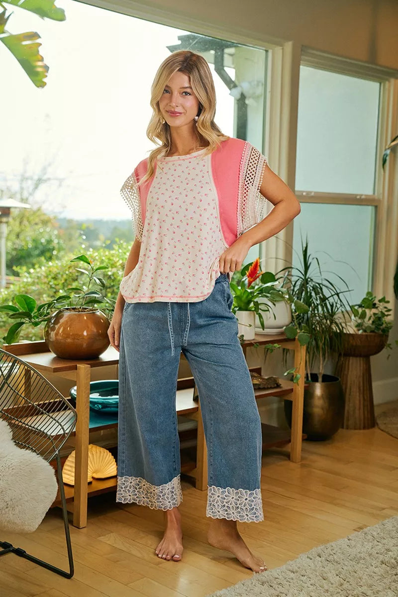 BiBi Washed Denim Waist Flower Lace Trim Pants