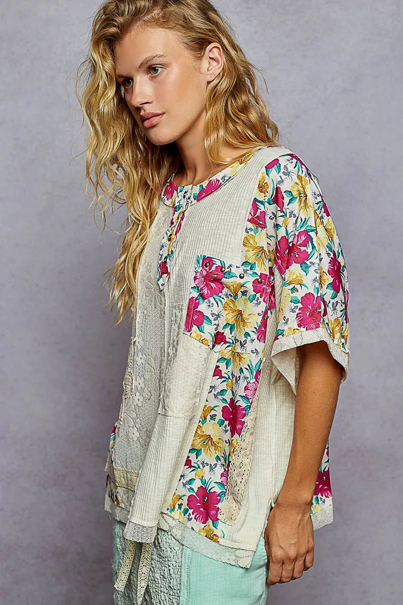 POL Lace Round Neck Short Sleeve Floral Pattern Top with Patch Detail