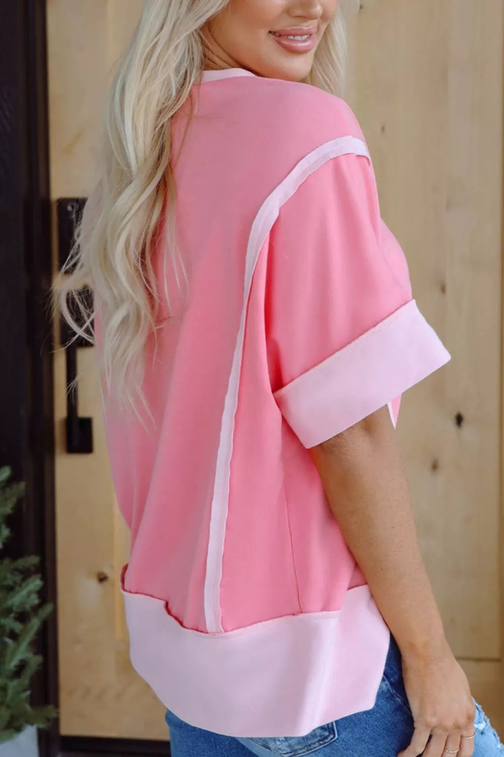 Raw Seam Color Block Sequin Cherry Graphic Casual Shift Top