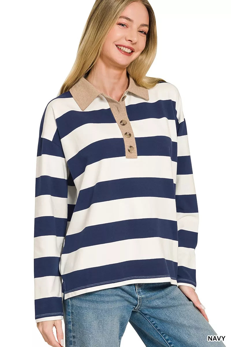Zenana Striped Contrast Collar Polo Tee