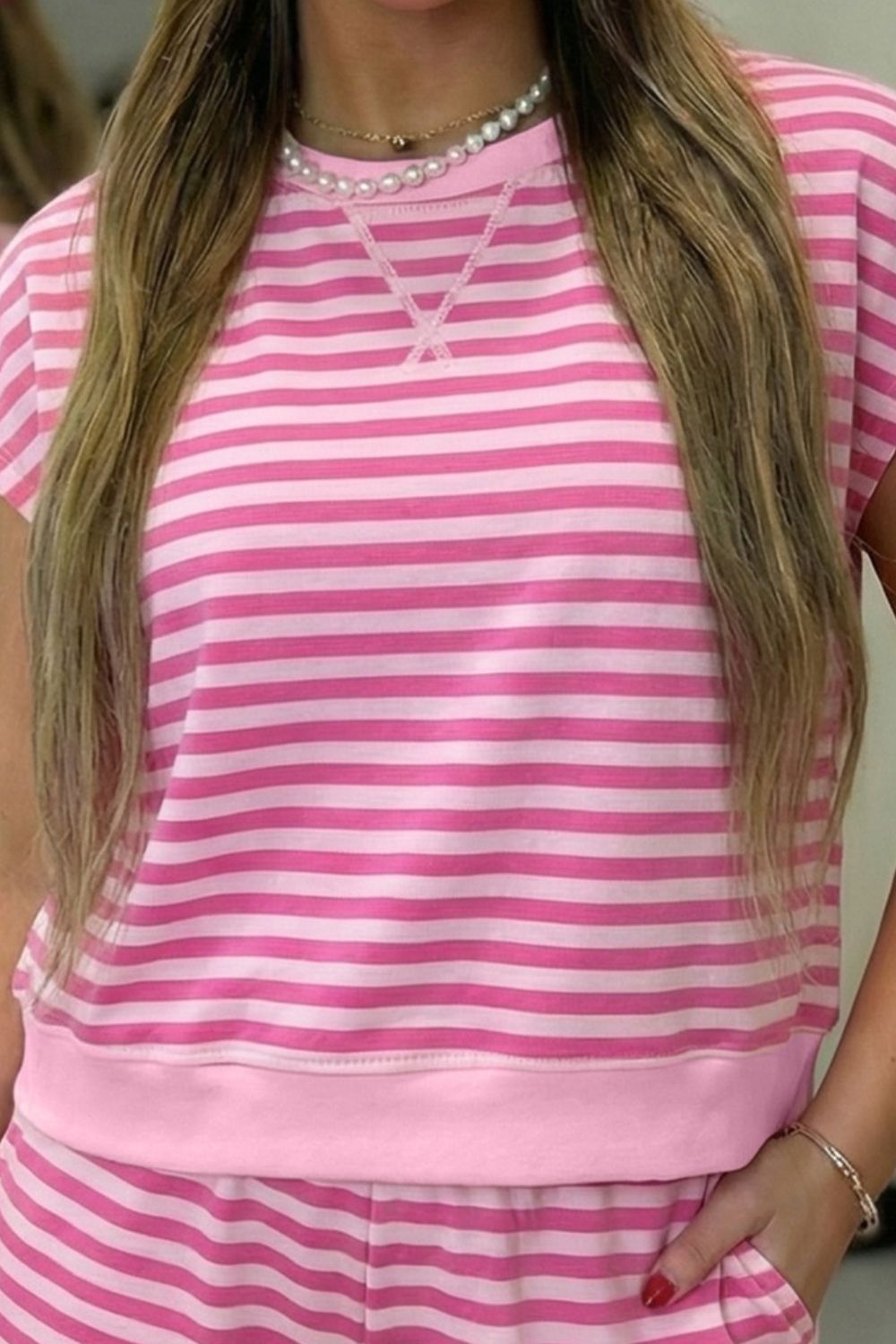 Round Neck Striped Top and Shorts Set