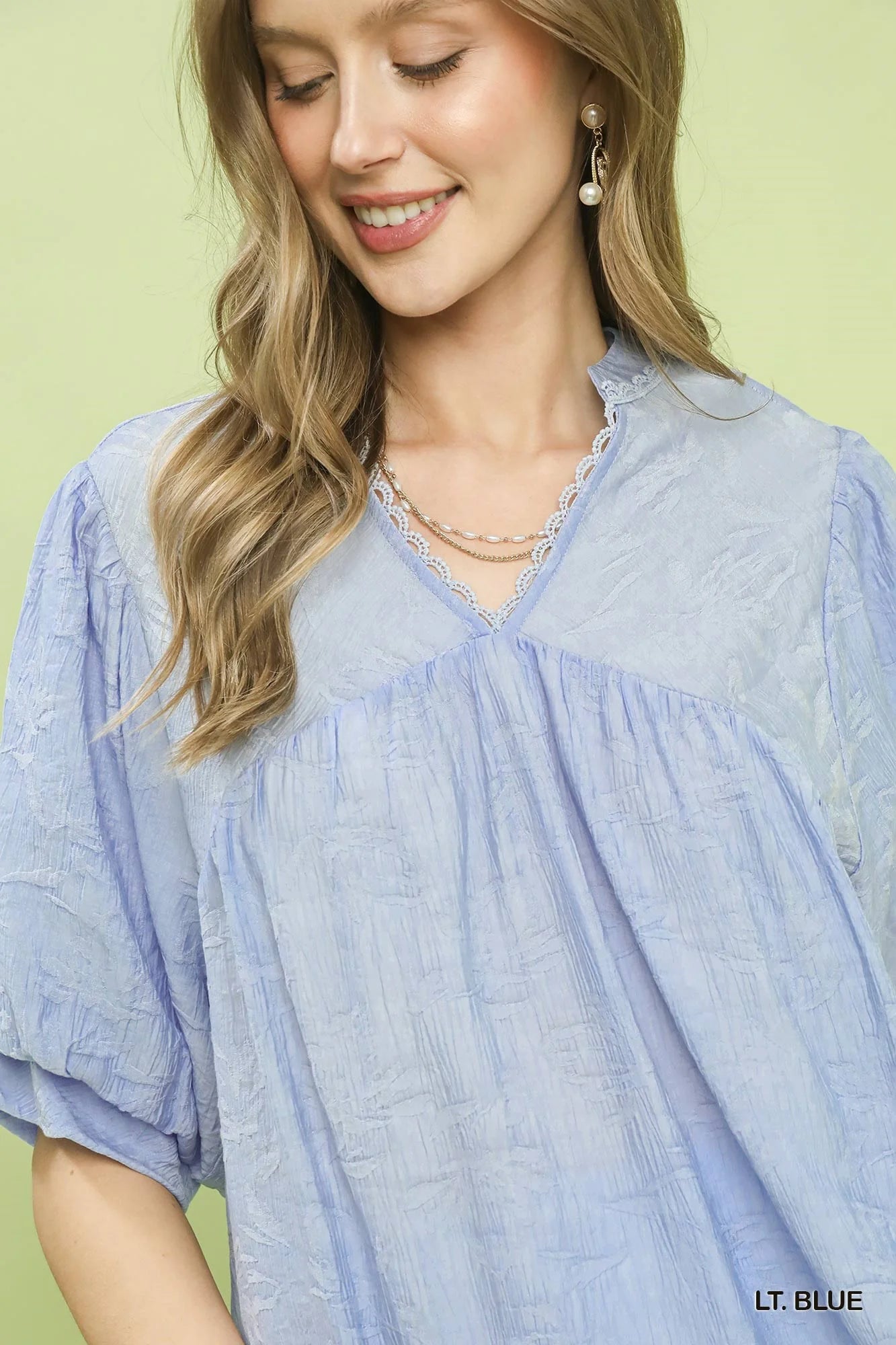 Umgee Textured Lace Trim V-Neck Boho Blouse