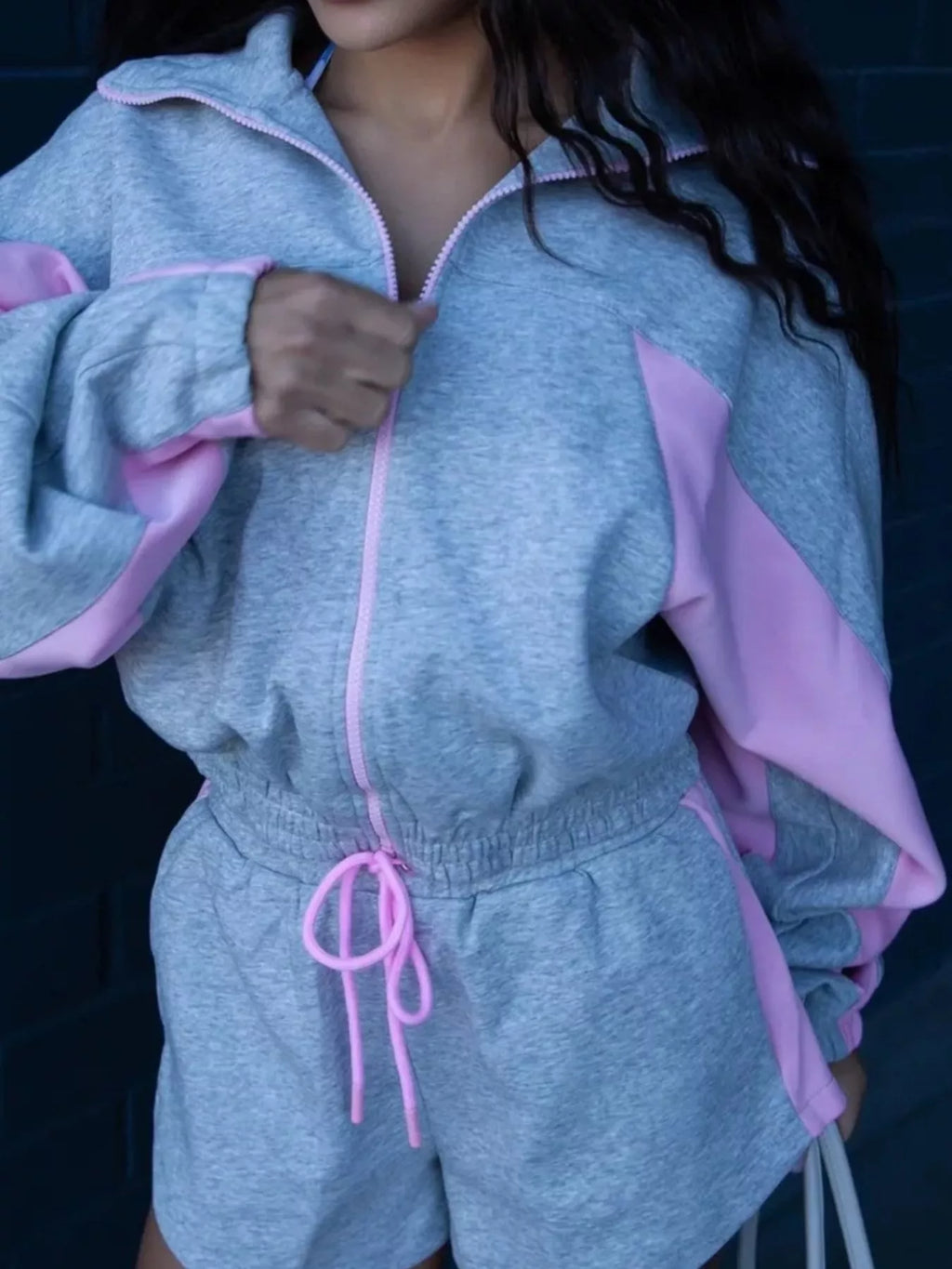 Zip Up Long Sleeve Outerwear and Shorts Set
