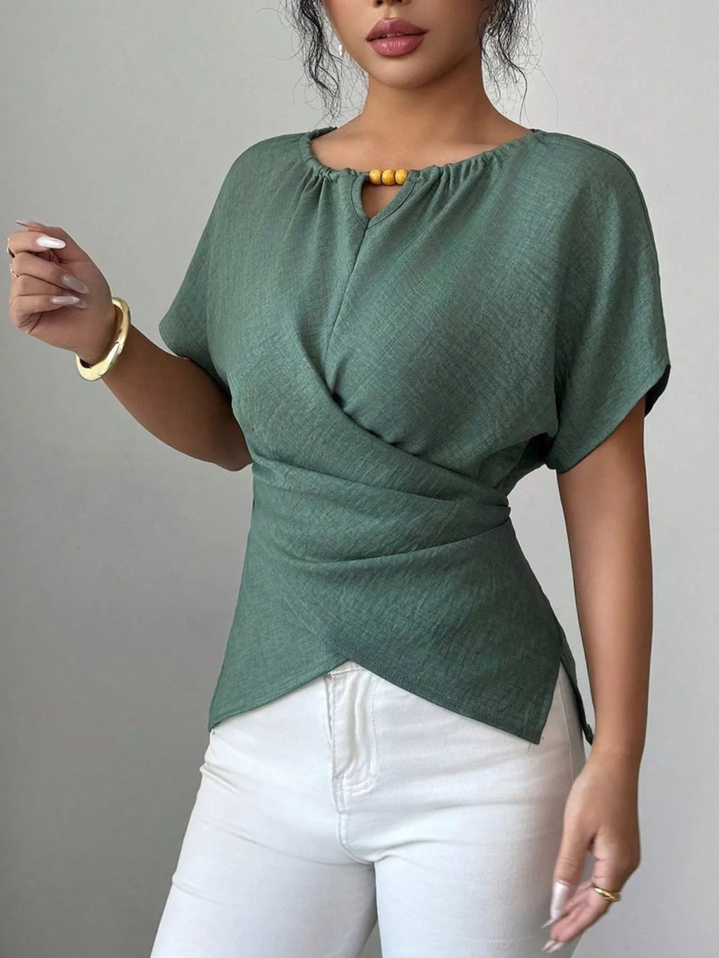 Beaded Neckline Short Sleeve Blouse