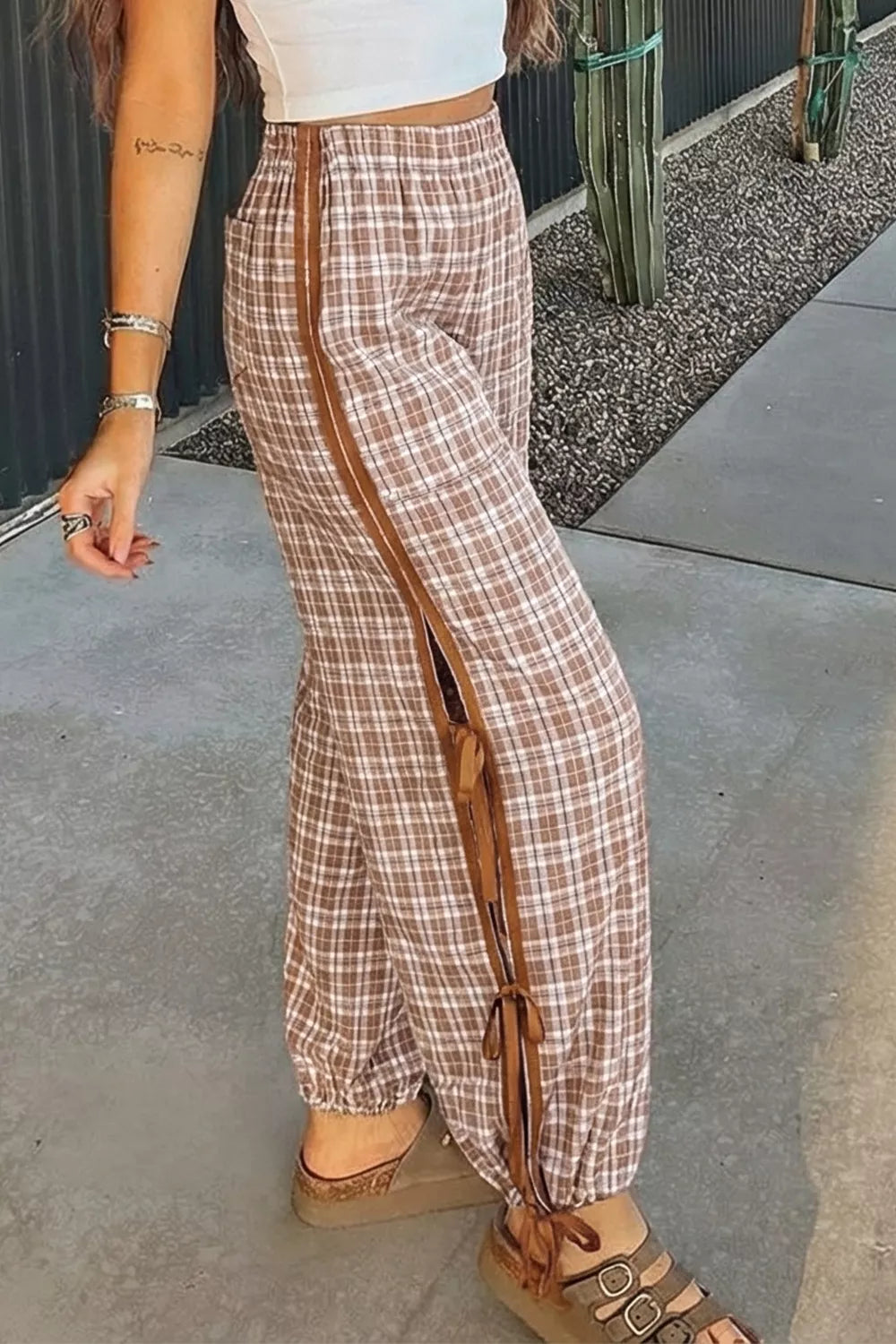 Plaid Print Tie Detail Casual Pants