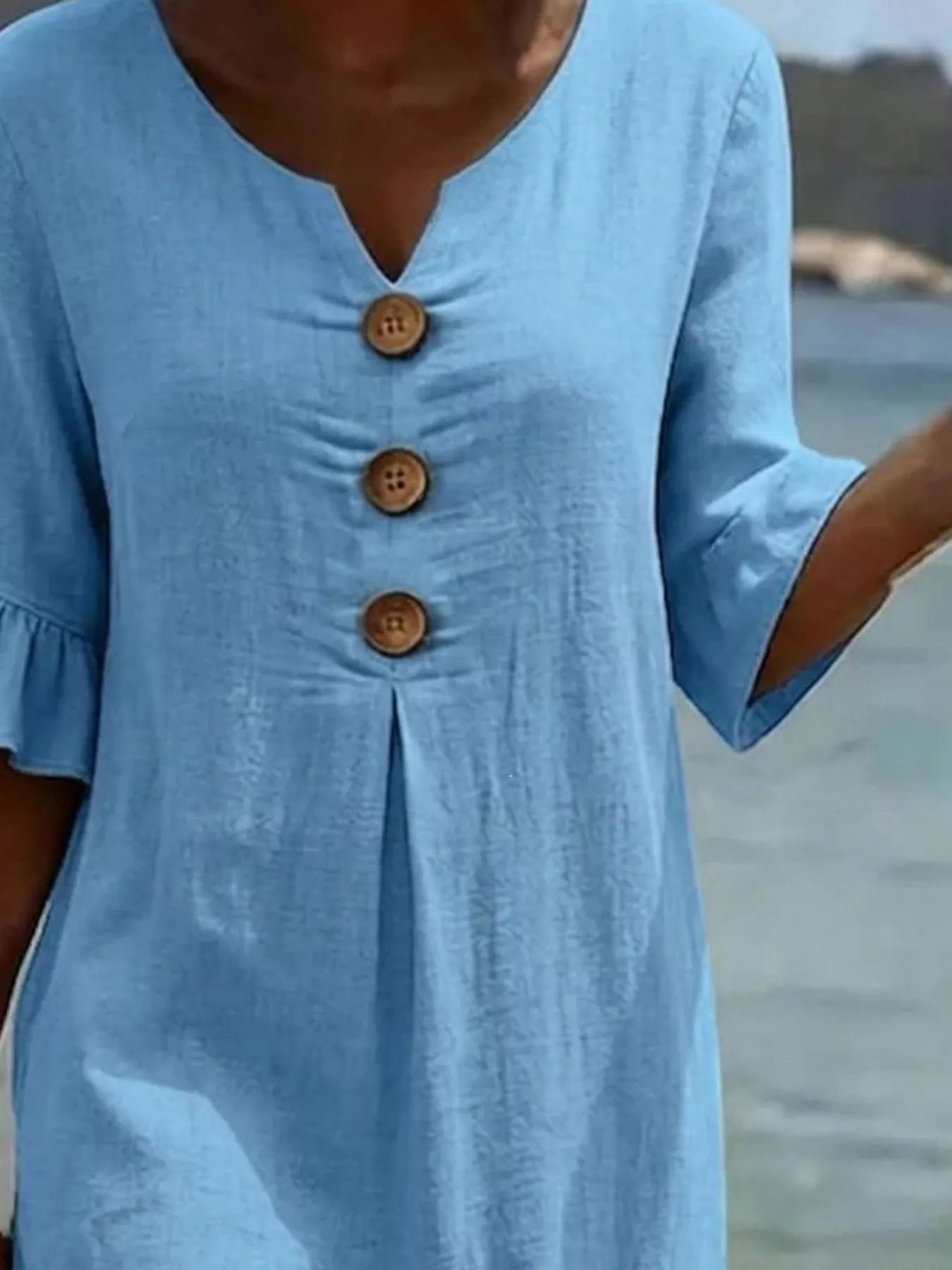 Full Size Button Decor Ruffle Sleeve Midi Dress Plus Size