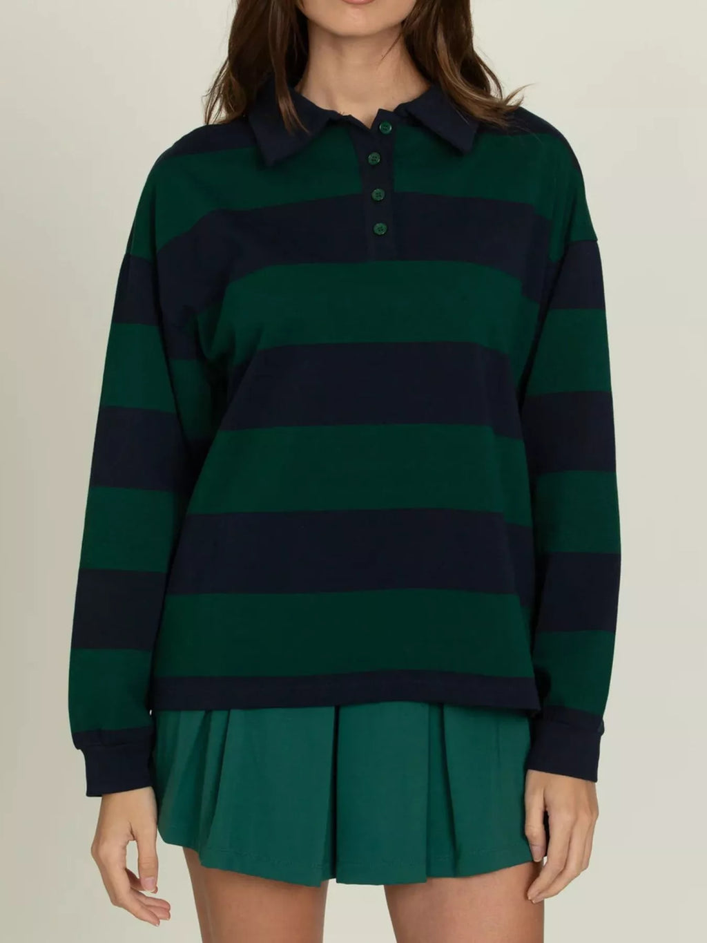 Striped Polo Collar Sweatshirt with Button Details