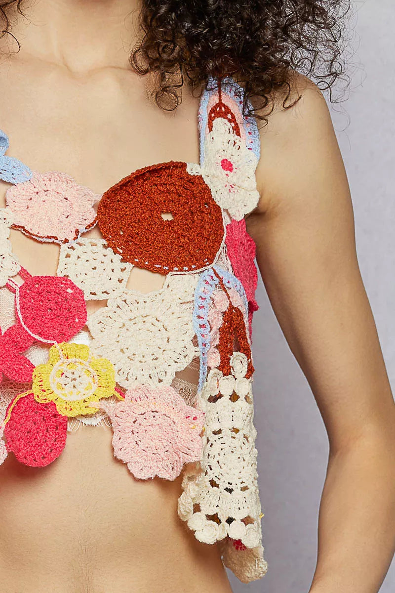 POL Openwork Floral Cropped Crochet Cami
