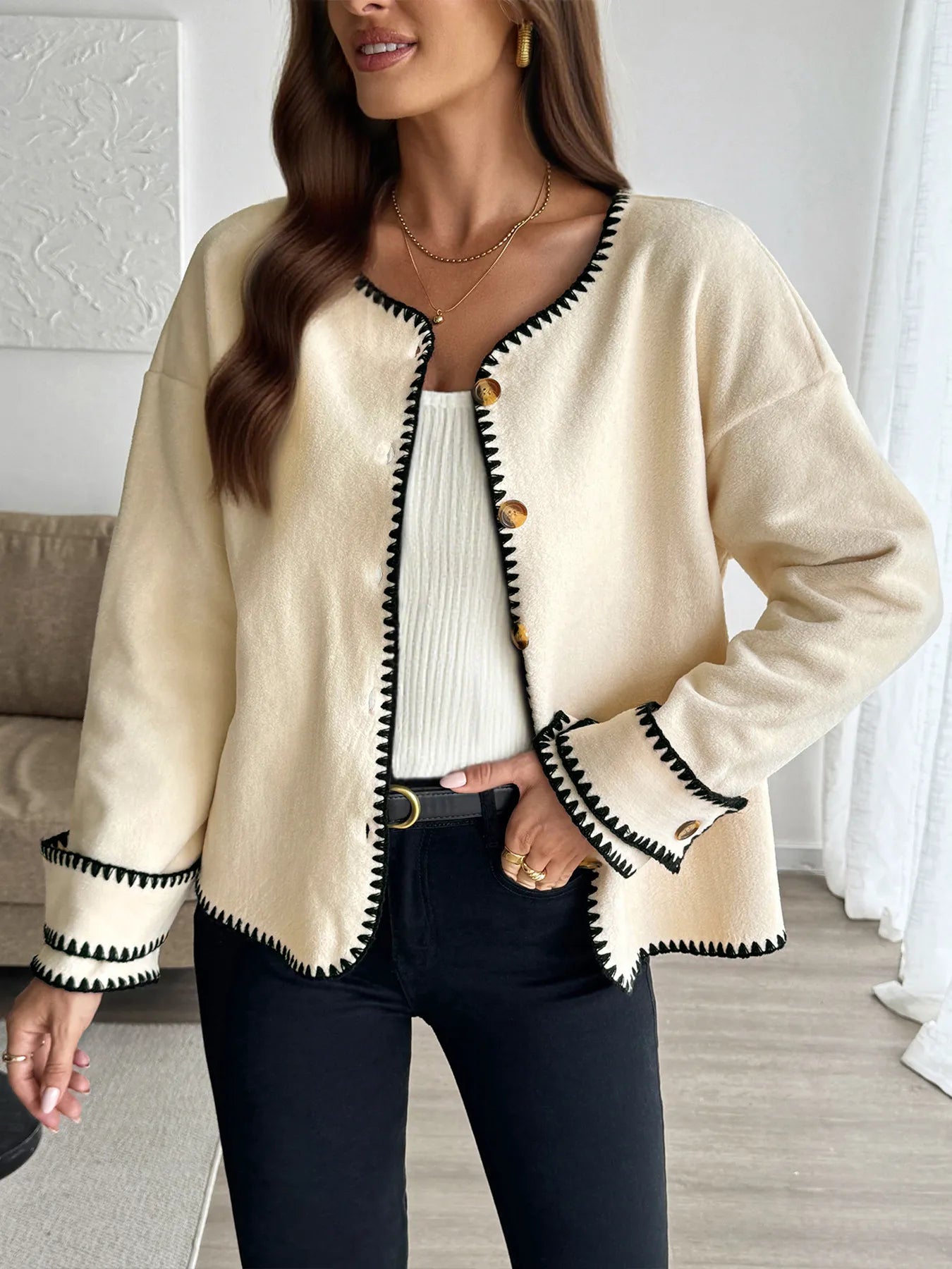 Contrast Trim Button Up Jacket