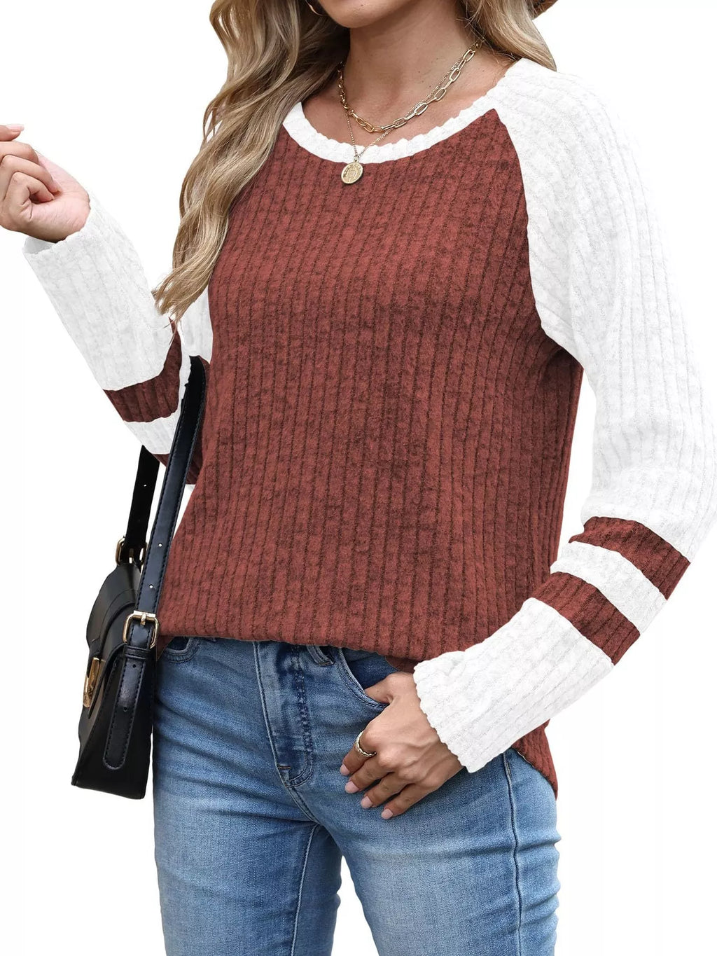 Ribbed Round Neck Raglan Sleeve Top