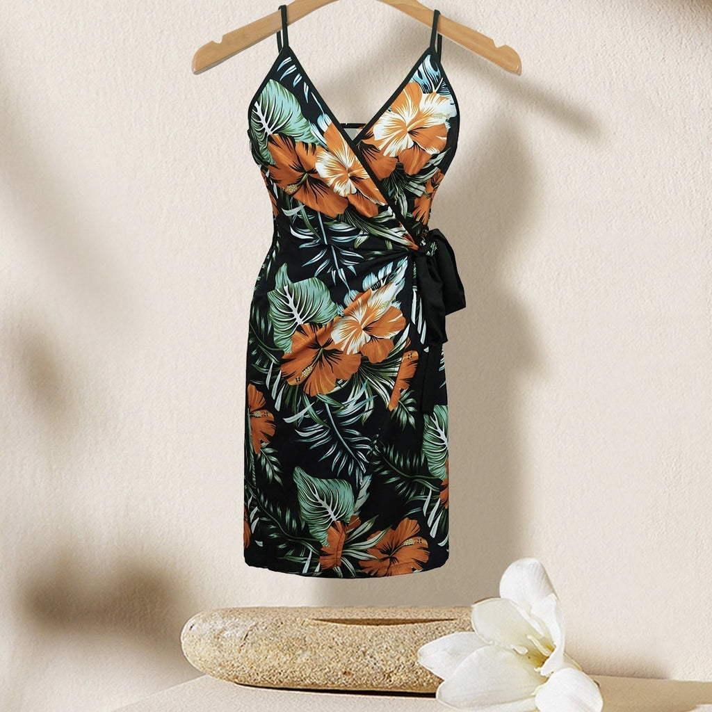 Women's V-neck Lace Up Plant Print Off Shoulder Versatile Dress
