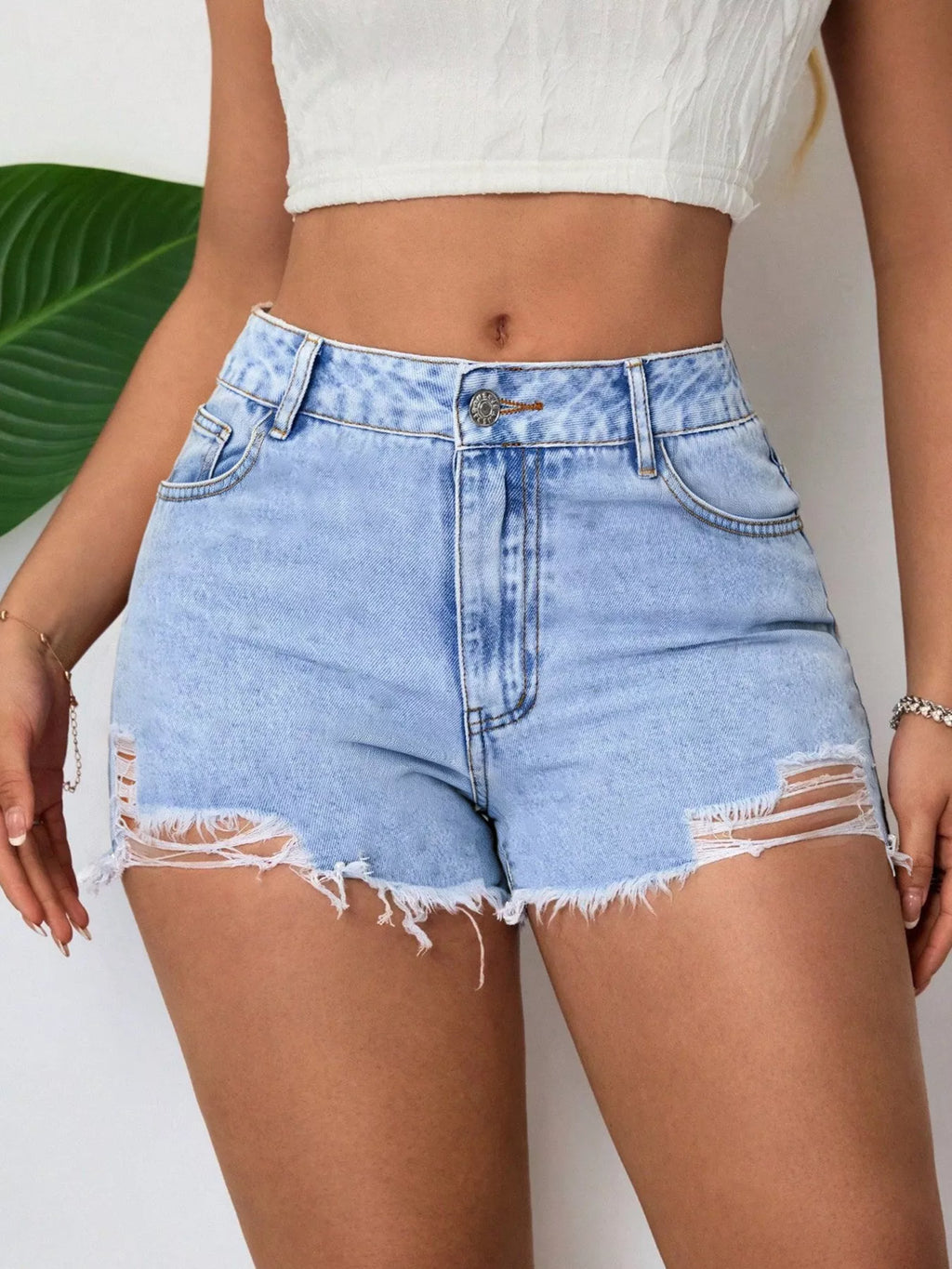 Distressed Raw Hem Denim Shorts