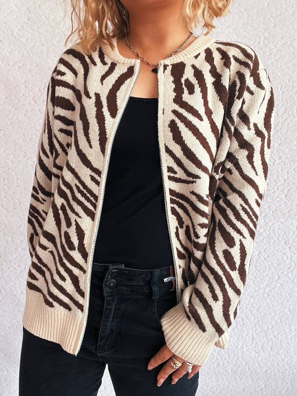 Zebra Print Zip Up Cardigan