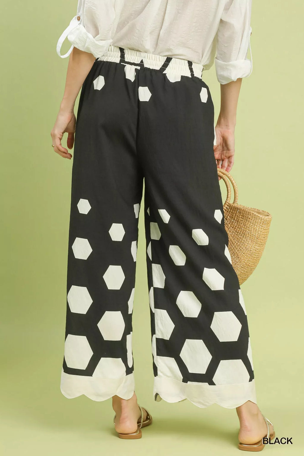 Umgee Hexagon Print Wide Leg Pants with Scalloped Hem