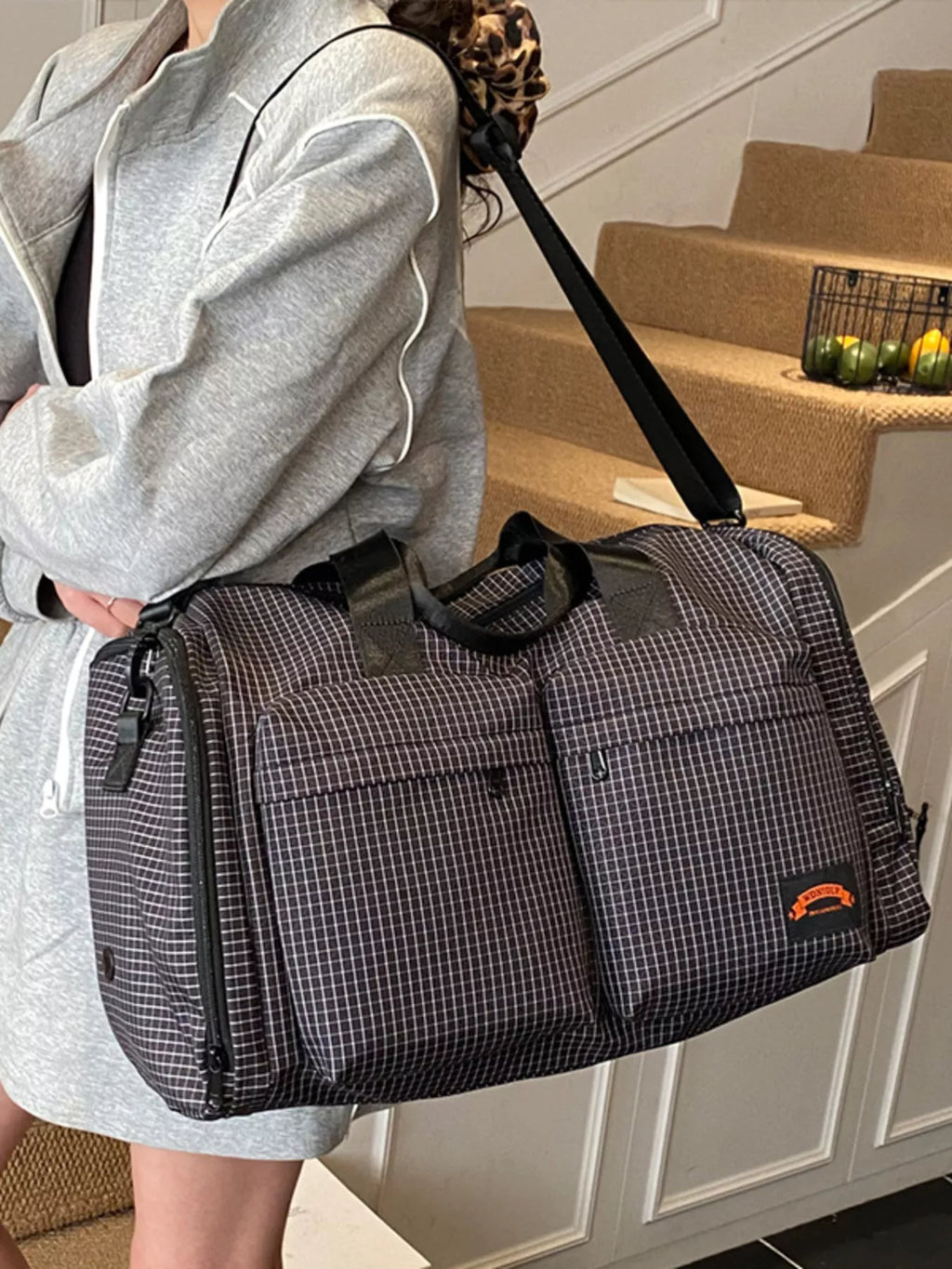Plaid Duffel Bag with Multiple Pockets