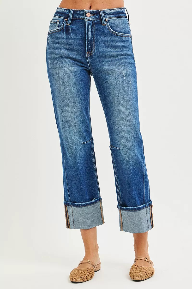 RISEN High Rise Straight Jeans with Distressed Hem