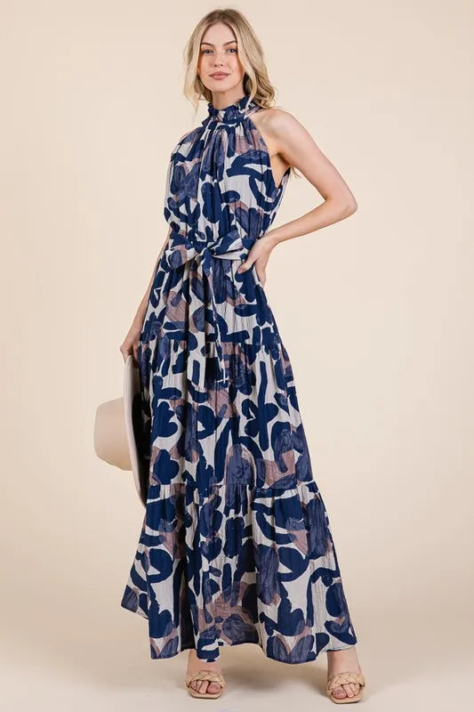 Lime 'N' Chili Abstract Halter Neck Tie-Waist Tiered Maxi Dress