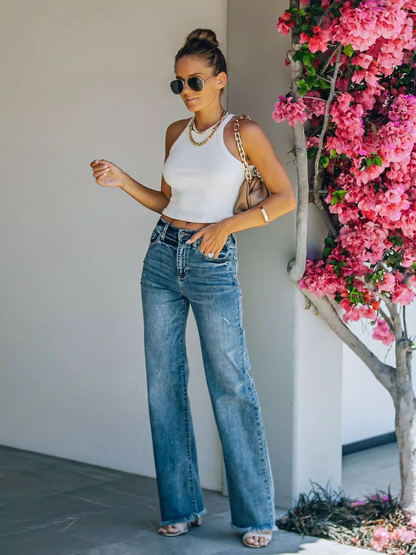 Frayed Hem High-Waisted Wide Leg Jeans