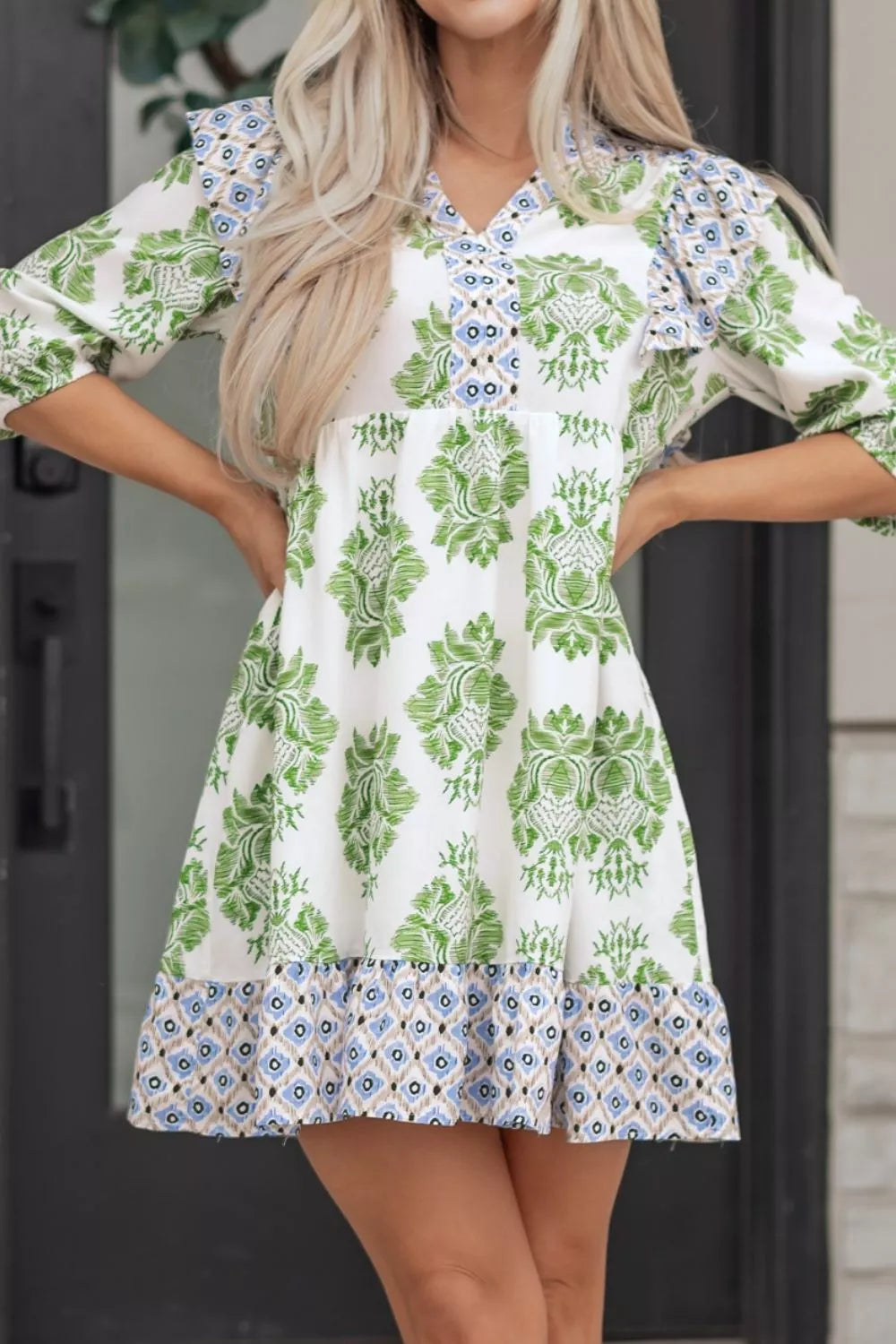 Floral Print Contrast Patchwork Ruffle Detail Mini Dress