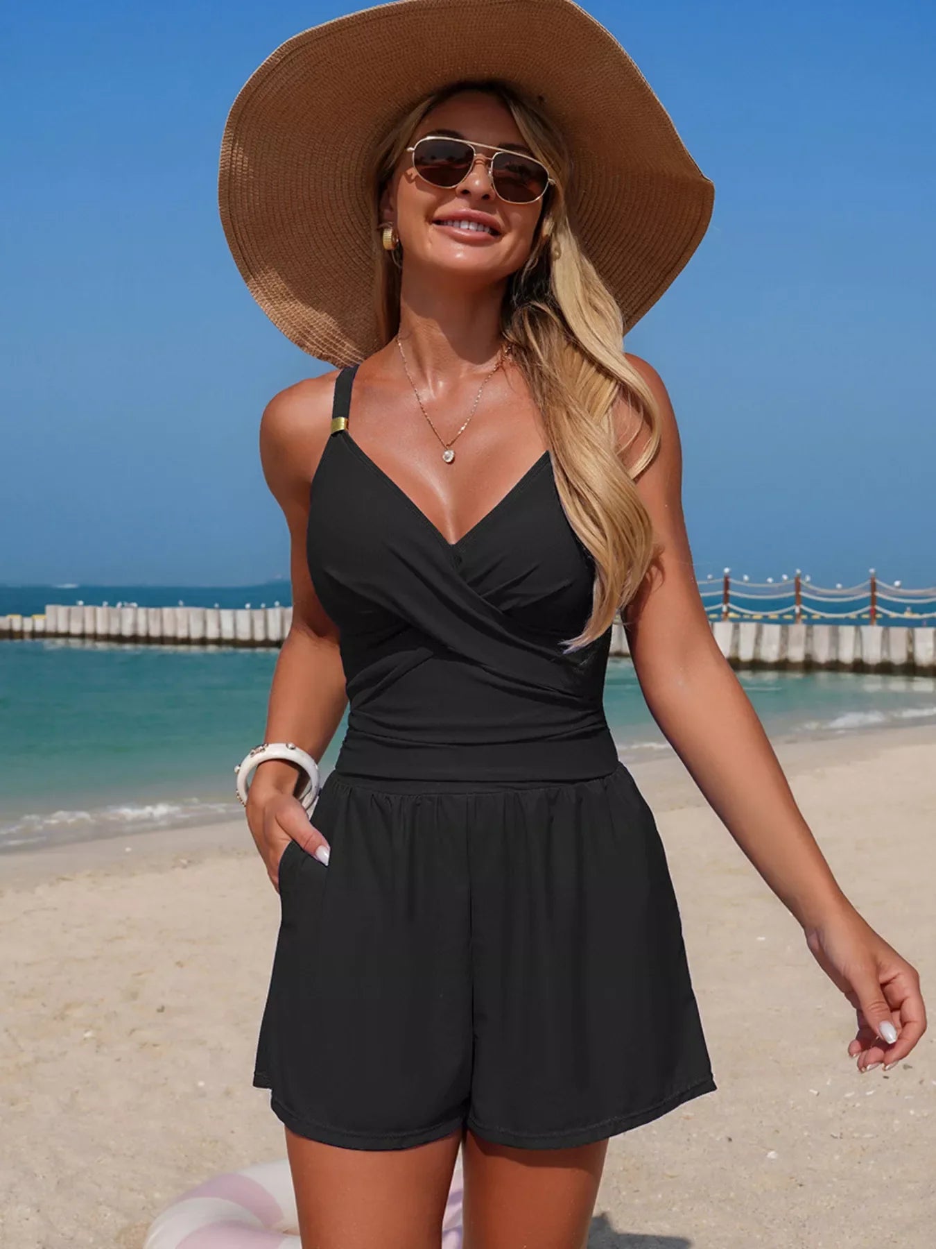 V-Neck Spaghetti Strap One-Piece Swimsuit