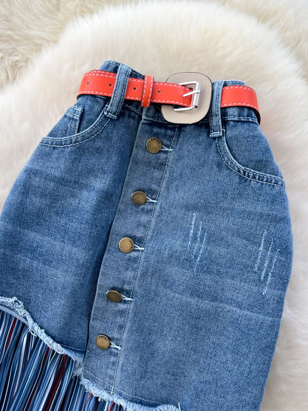 Full Size Striped Patchwork Denim Skirt Plus Size