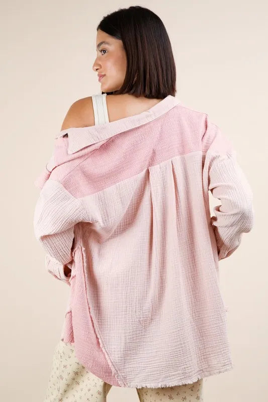 VERY J Mineral Washed Oversized Gauze Shacket