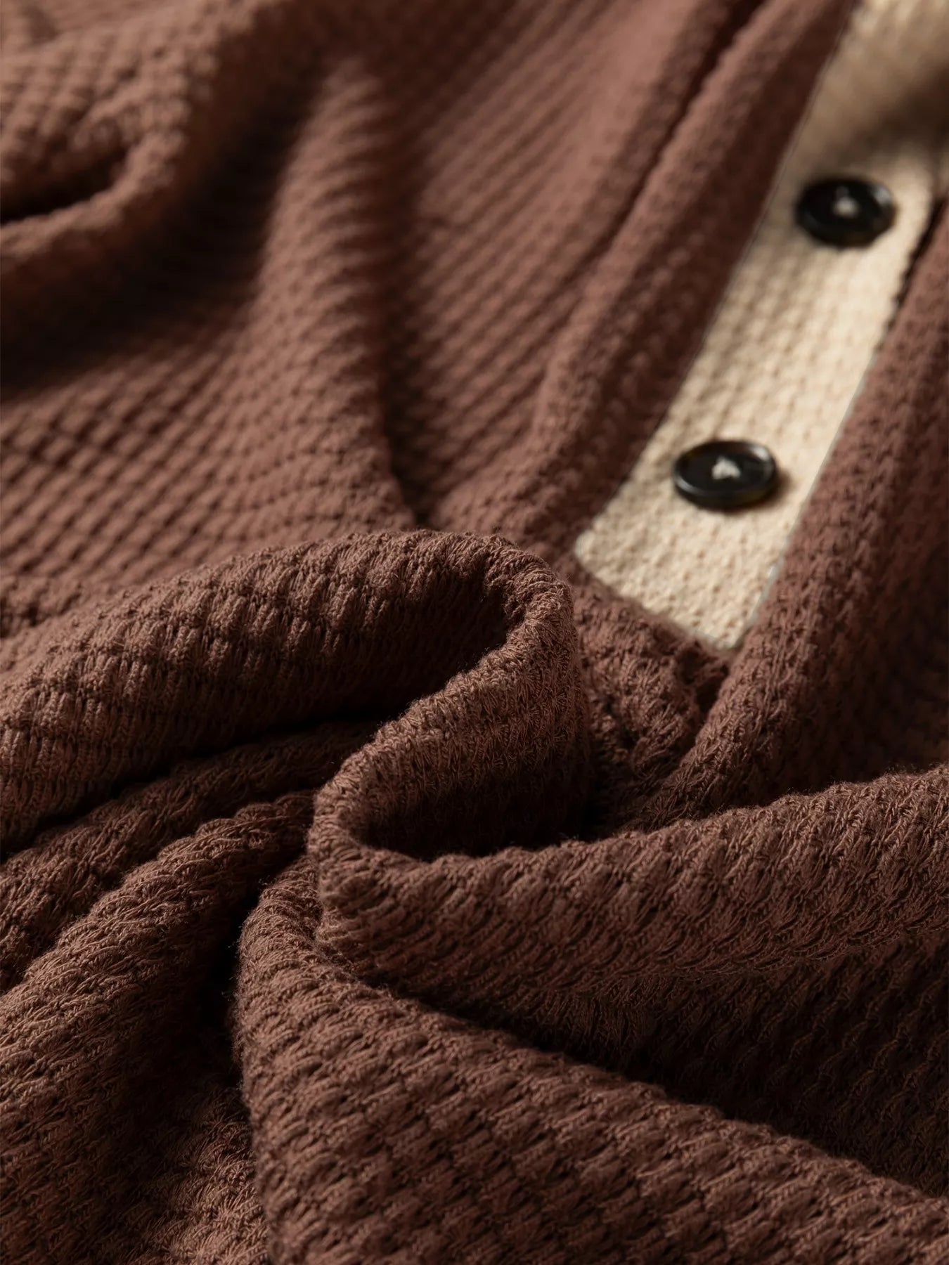 Waffle Contrast Half Buttoned Hooded Pullover Top