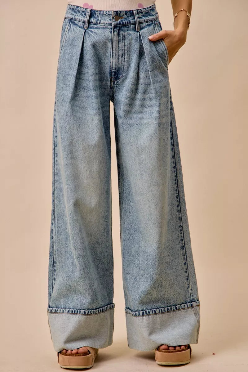 SO ME Mid Rise Plated Wid Leg Denim Jean