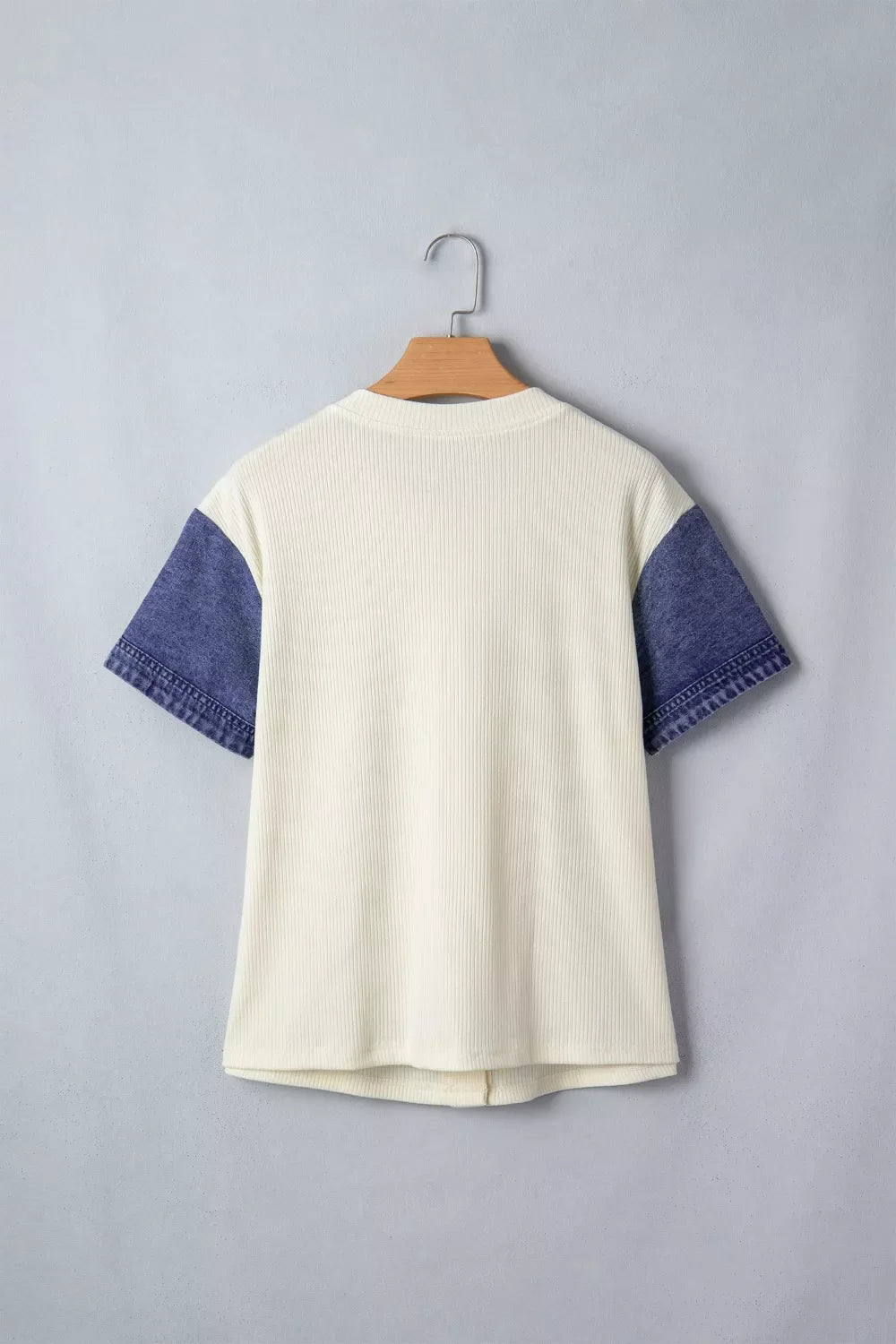 Ribbed Knit Button-Down Shirt with Denim Sleeves