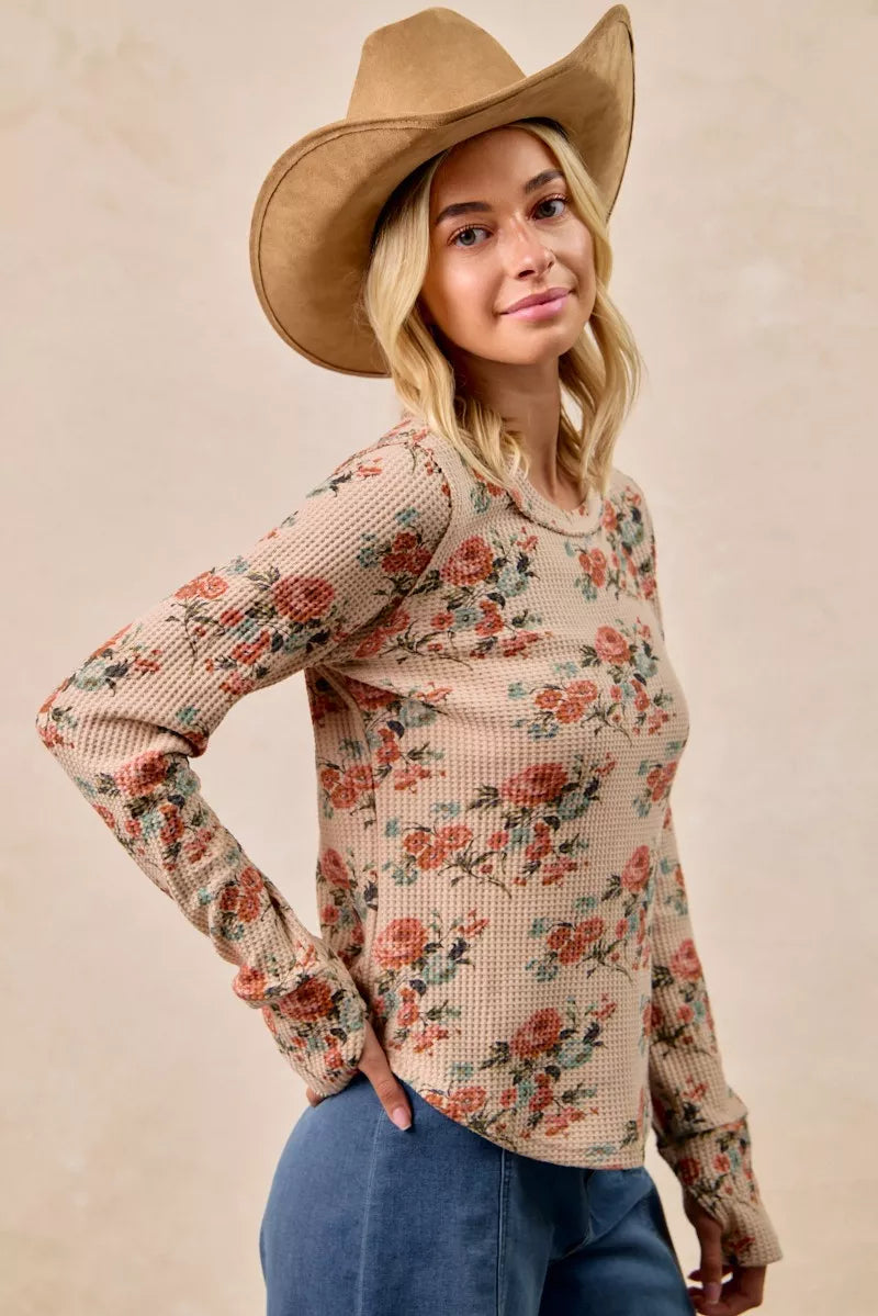 BiBi Floral Print Washed Waffle Thermal Top with Thumb