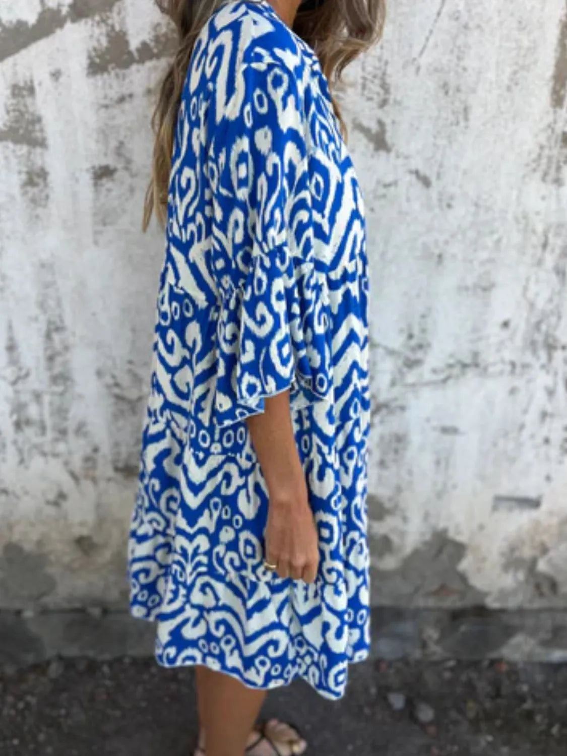 Full Size Printed Notched Half Sleeve Dress Plus Size