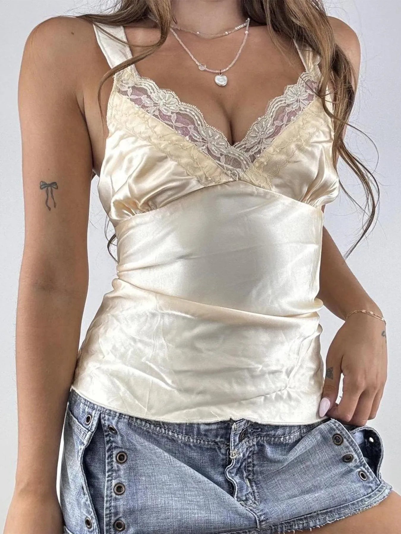 Lace Trim V-Neck Satin Cami Top