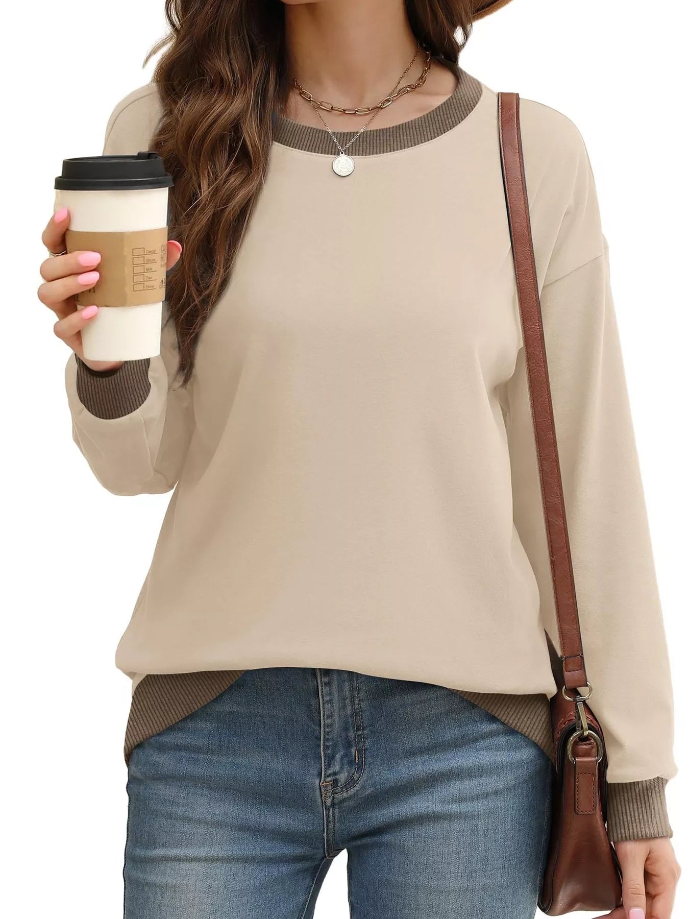 Contrast Trim Crew Neck Casual Sweatshirt