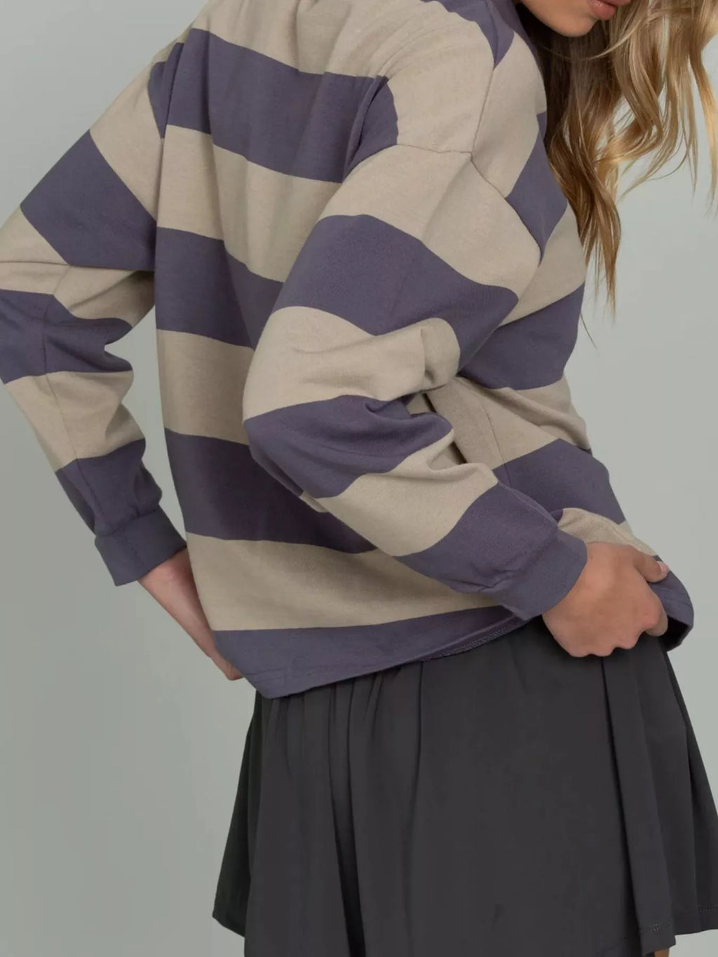 Striped Polo Collar Sweatshirt with Button Details