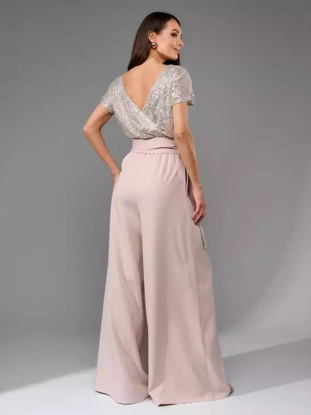 Full Size Sequin Short Sleeve Wide Leg Jumpsuit Plus Size