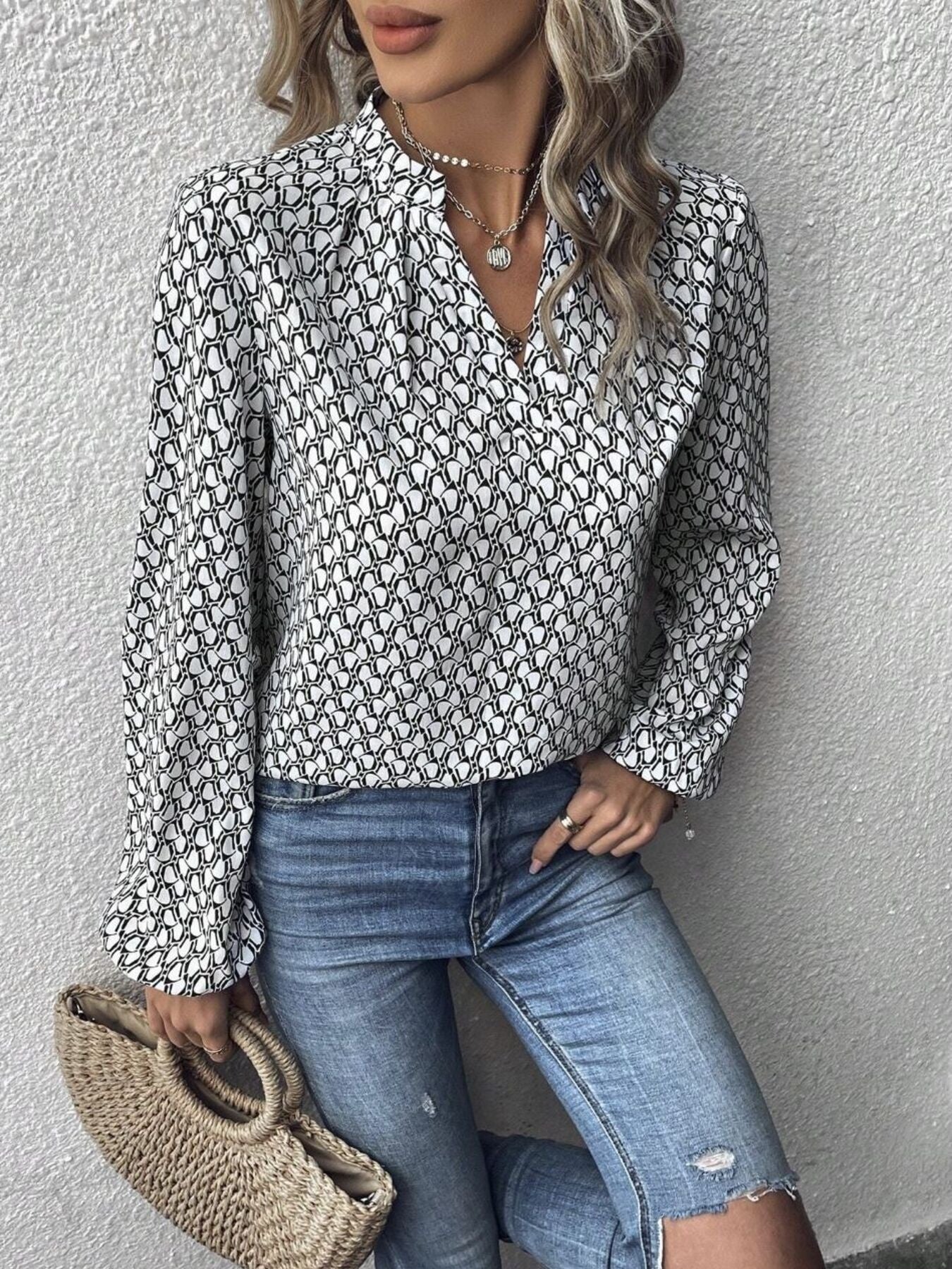 Printed Notched Balloon Sleeve Blouse