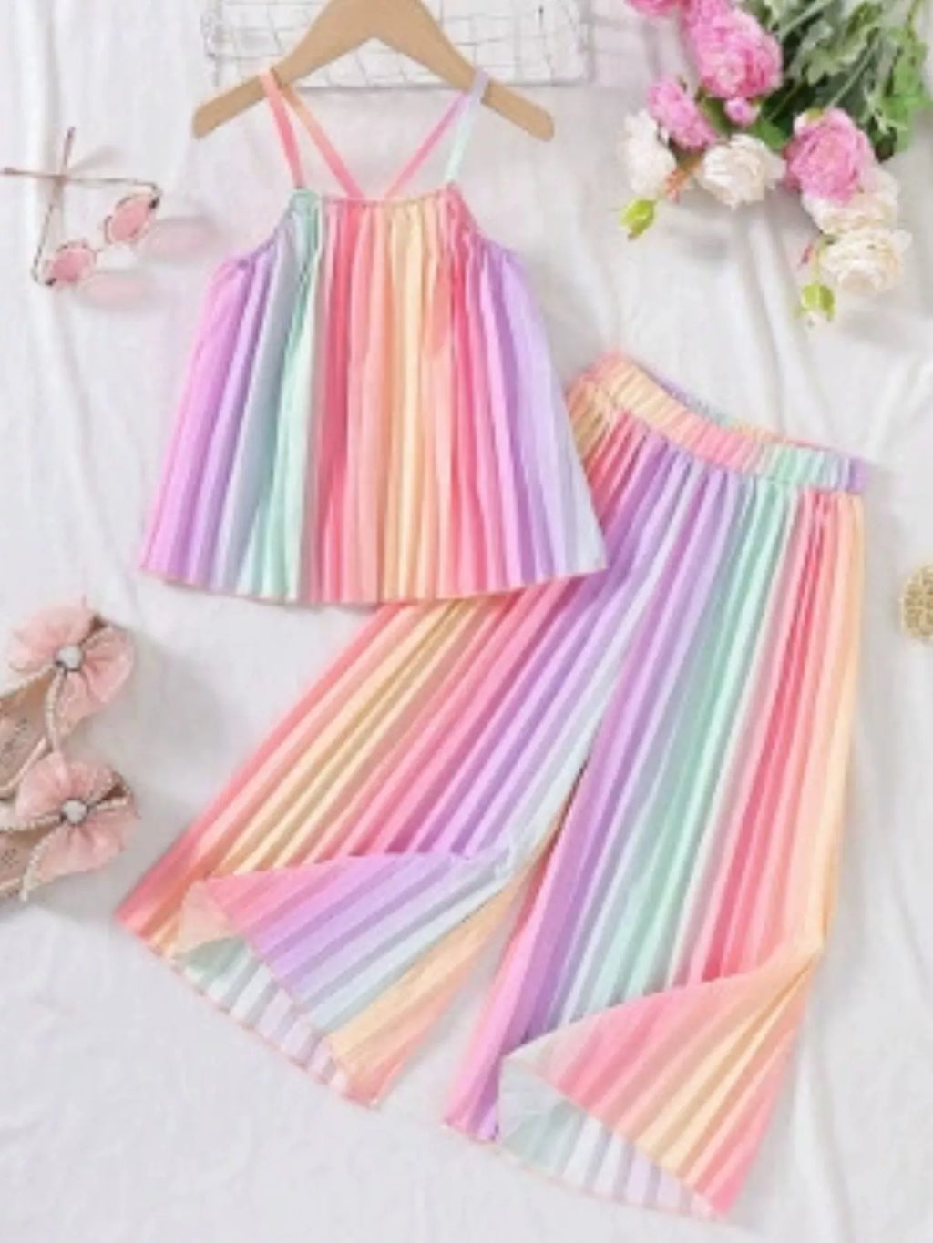Children's Rainbow Pleated Cami Top and Wide Leg Pants Set