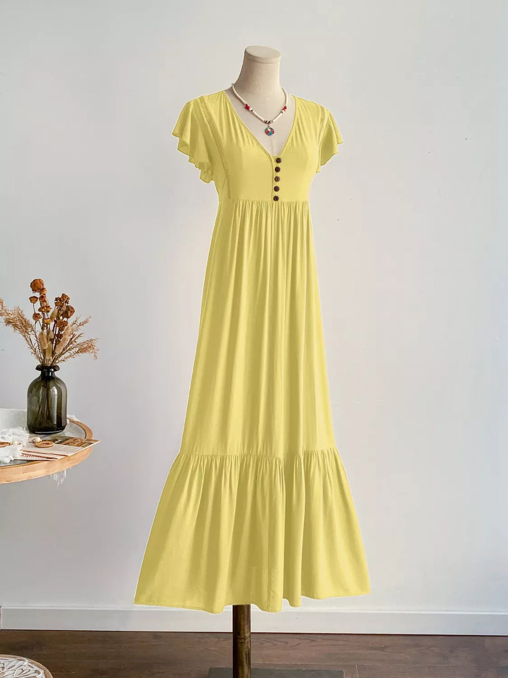 Flutter Sleeve Button Front Maxi Dress