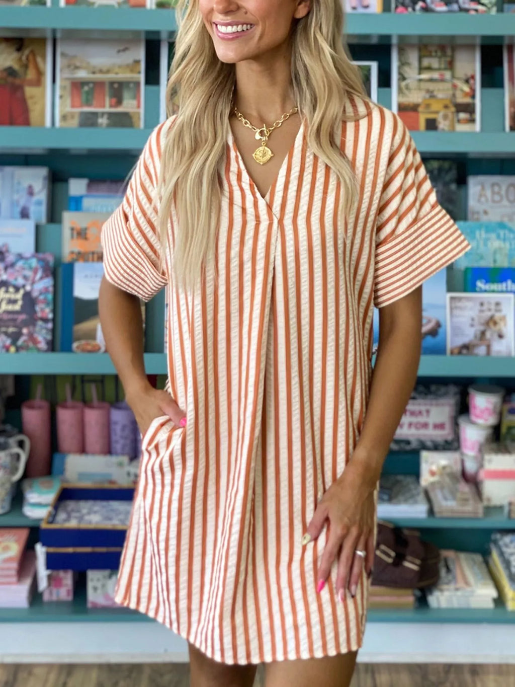 Stripe Pinched V Neck Turn-up Cuffs Shift Mini Dress