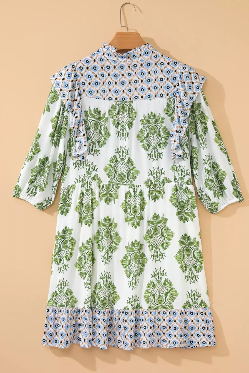 Floral Print Contrast Patchwork Ruffle Detail Mini Dress
