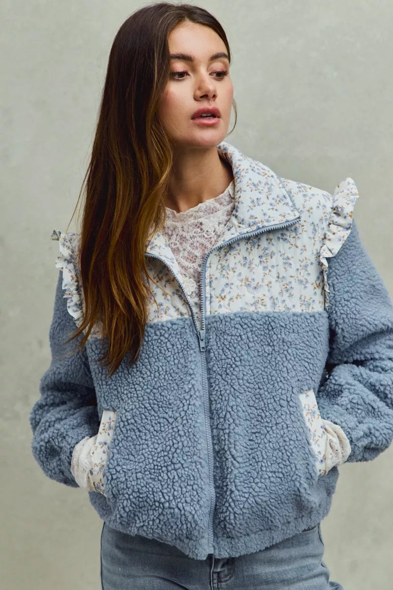 SO ME Faux Fur Sherpa Pull Jacket with Floral Contrast