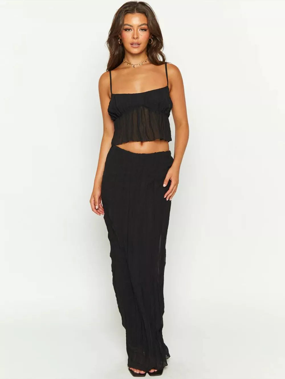 Square Neck Sleeveless Top and Ruched Skirt Set