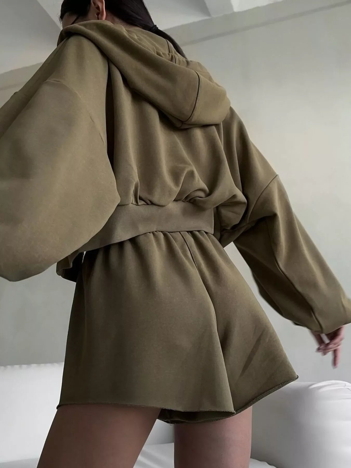 Zip Up Long Sleeve Outerwear and Shorts Set