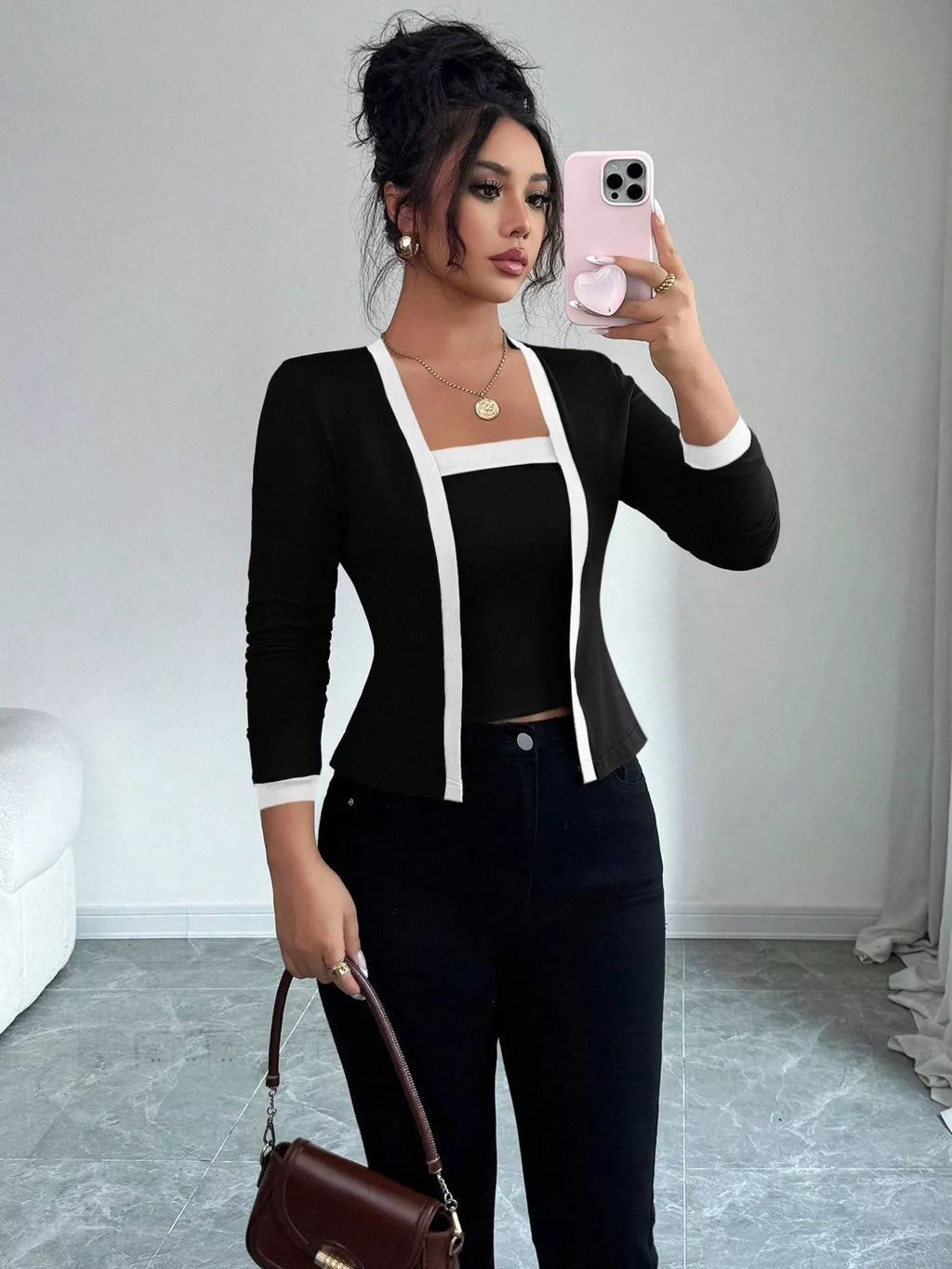 Contrast Trim Cardigan & Tank Top Set