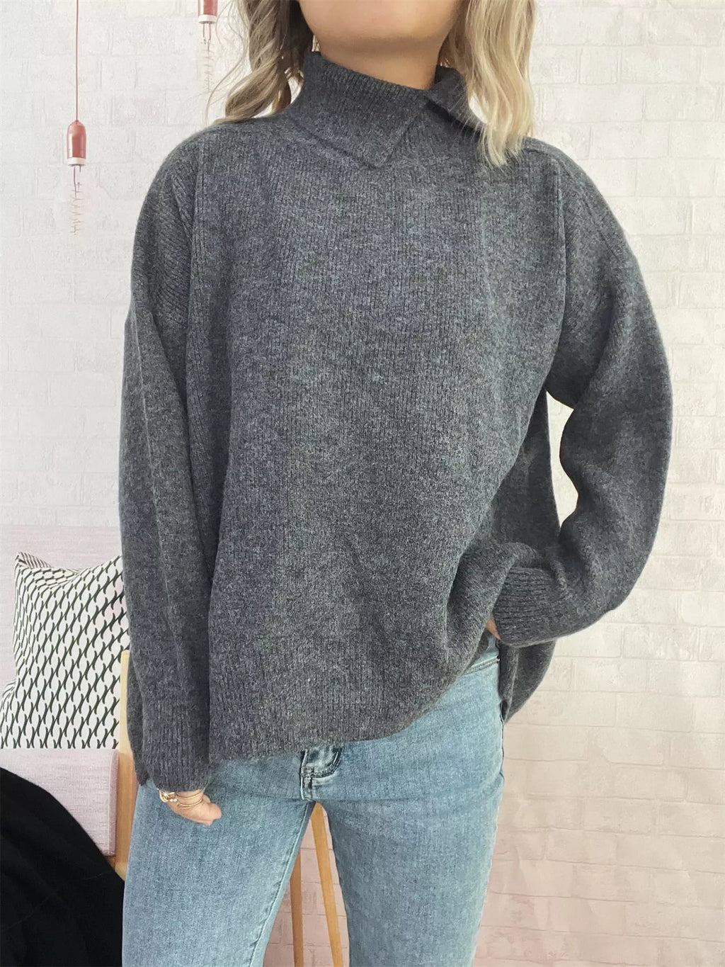 Slit Turtleneck Long Sleeve Sweater