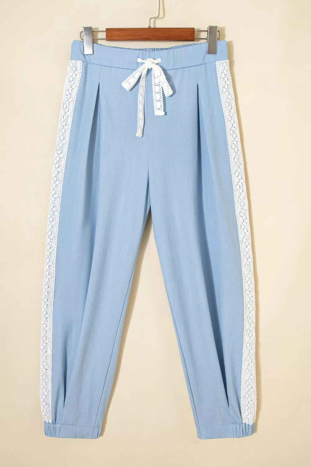 Lace Accent Floral Patched Pocket Pleated Wide Leg Slouchy Pants